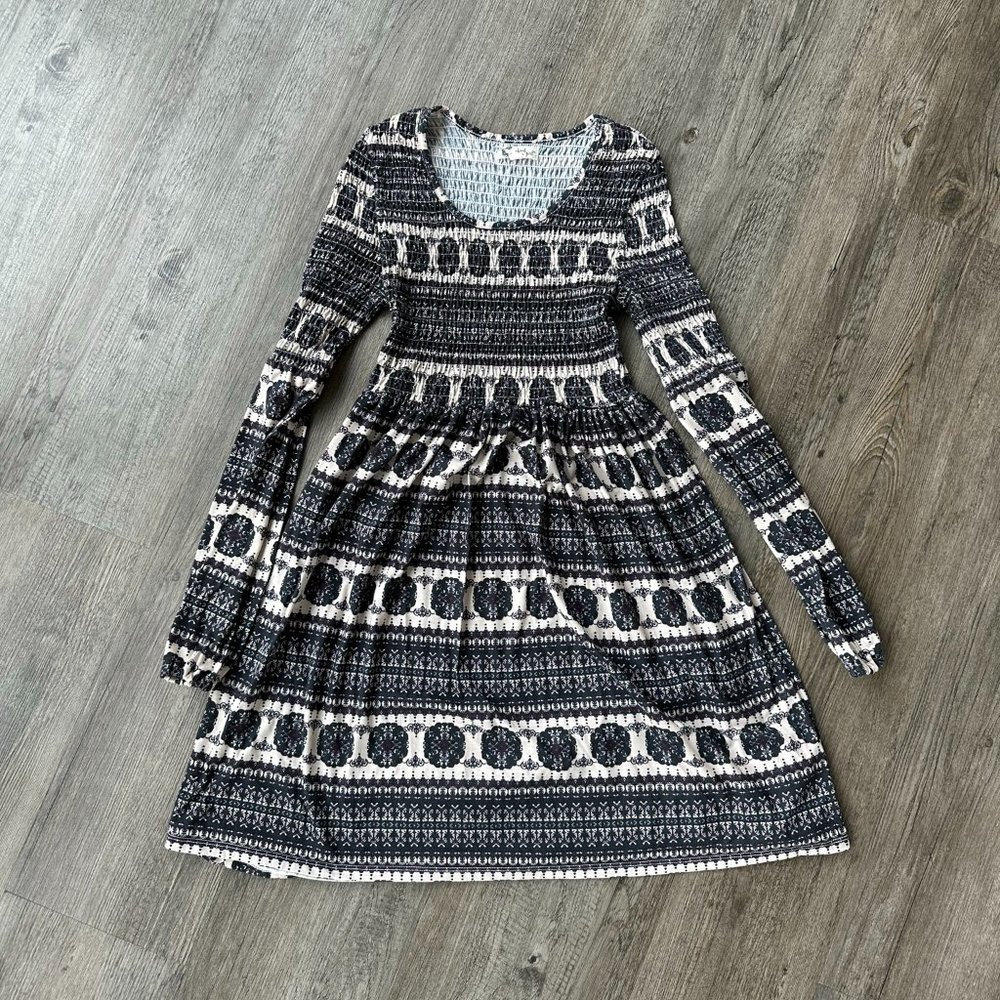 Smocked Geometric Long Sleeve Skater Dress - Black Ivory / Purple - About a Girl